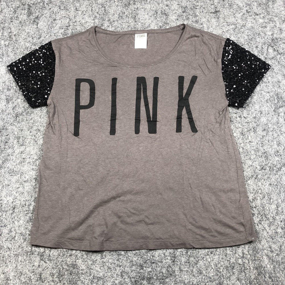 PINK Victoria's Secret Shirt Womens Small Gray Sequin Sleeve Logo Graphic Tee